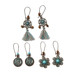 Red Copper & Green Patina 3 пары 3 набор сережек с подвесками из плетеной сетки и цветочного сплава, длинные серьги-подвески из дерева и смолы для женщин, красная медь и зеленая патина, 53~84 мм, штифты : 0.8 мм, 1 пара / стиль