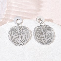 Stainless Steel Color 304 Stainless Steel Dangle Earrings for Women, Monstera Leaf, Stainless Steel Color, 36x23.5mm