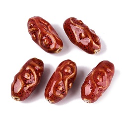 FireBrick Vintage Handmade Porcelain Beads, Fancy Antique Glazed Porcelain, Oval with Ethnic Pattern, FireBrick, 35~37x17~19mm, Hole: 3~3.5mm