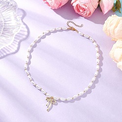 Золотой Сплав кристалл горный хрусталь бант кулон пластиковый искусственный жемчуг овальные бусины ожерелья для женщин, кремово-белые, золотые, 17.32 дюйм (44 см)