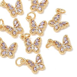 Lavender SHEGRACE Brass Pave Clear Cubic Zirconia Pendants, Butterfly Charms, Cadmium Free & Nickel Free & Lead Free, Long-Lasting Plated, Real 18K Gold Plated, Lavender, 11x11.5x3mm, Hole: 3mm