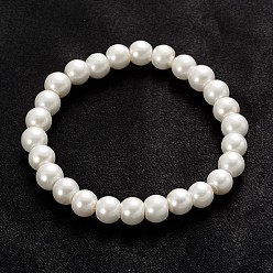 White Trendy Glass Pearl Beaded Stretch Bracelets, White, 54mm