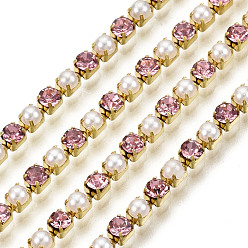 Light Rose Brass Rhinestone Strass Chains, with ABS Plastic Imitation Pearl, Rhinestone Cup Chain, Grade A, Raw(Unplated), Light Rose, 2x2mm, 4000pcs rhinestone/bundle, about 32.8 Feet(10m)/bundle