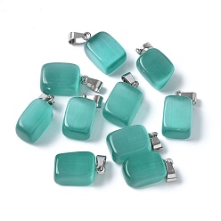 Светлый Морско-зеленый Подвески кошачий глаз, с 201 фурнитурой из нержавеющей стали, прямоугольные, цвет нержавеющей стали, светло-зеленый, 20x12x9 мм, отверстие : 7x4 мм
