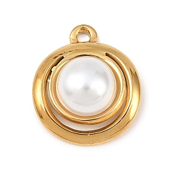 Настоящее золото 18K 304 подвески из нержавеющей стали и АБС-пластика с имитацией жемчуга, плоские круглые прелести, ионное покрытие (ip), реальный 18 k позолоченный, 19x16x6.5 мм, отверстие : 1.6 мм