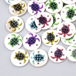 Mixed Color Printed Freshwater Shell Links connectors, Flat Round with Sea Turtle, Mixed Color, 18x2~2.5mm, Hole: 1.6mm