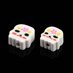 Hot Pink Handmade Polymer Clay Beads, Skull, Hot Pink, 8.5~12x8.5~10.5x4~5mm, Hole: 1.4~1.6mm