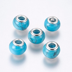 Dunkeltürkis Synthetischen Türkis europäischen Perlen, Großloch perlen, mit Messing-Zubehör, Rondell, Silberfarbe überzogen, dunkeltürkis, 12~13x9~10 mm, Bohrung: 5 mm