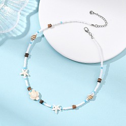 (52) Непрозрачная лаванда Ожерелья в стиле бохо с морскими черепахами и морскими звездами, украшенные панцирями и синтетической бирюзой., стекла семян бисера ожерелья, разноцветные, 15.75 дюйм (40 см)