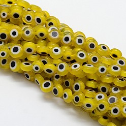Золотистый Ручной сглаза Lampwork плоские круглые пряди шарик, золотые, 6x3 мм, отверстие : 1 мм, около 65 шт / нитка, 14 дюйм