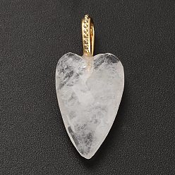 Quartz Crystal Natural Quartz Crystal Pendants, Rock Crystal Faceted Heart Charms with Brass Findings, Golden, 27x12x7mm, Hole: 6.5x4mm