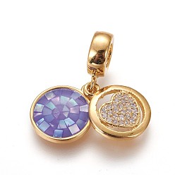 Mixed Color Brass Micro Pave Cubic Zirconia European Dangle Charms, Large Hole Pendants, with Freshwater Shell and Enamel, Flat Round with Heart, Golden, Mixed Color, 23mm, Hole: 4mm, Pendant: 11x2mm