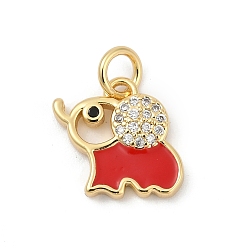 Красный Латунные подвески с кубическими цирконами и эмалью, Слон прелести, долговечный, без свинца и без кадмия, стойки покрытие, реальный 18 k позолоченный, с целью перехода в кольце, красные, 11.5x12.5x2.5 мм, отверстие : 3 мм