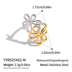 Real Gold Plated & Stainless Steel Color 304 Stainless Steel Cuff Open Rings for Women, Flower, Real Gold Plated & Stainless Steel Color, 16.2mm, Inner Diameter: 17.2mm