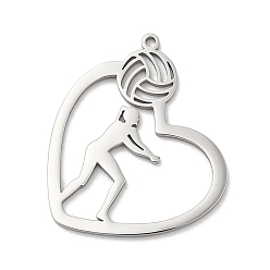 Нержавеющая Сталь Цвет Не тускнеющие 304 подвески из нержавеющей стали, лазерная резка, сердце с подвеской волейболиста, цвет нержавеющей стали, 30.5x29x1.5 мм, отверстие : 1.4 мм