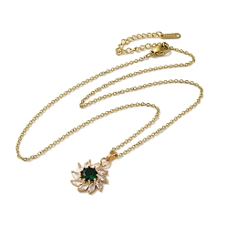 Dark Green Brass Micro Pave Cubic Zirconia Flower Pendant Necklaces for Women, 201 Stainless Steel Cable Chain Necklaces, Dark Green, 15.94 inch(40.5cm)