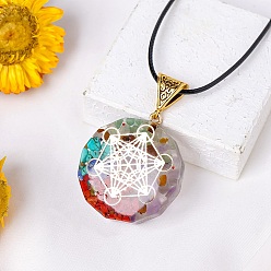 Плоский Круглый Смола с драгоценным камнем внутри 7 ожерелья с подвеской чакра, черные шнуровые ожерелья для мужчин и женщин, плоско-круглые, 15.75 дюйм (40 см)