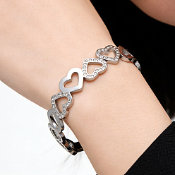 Сердце Полое сердце 304 браслеты из нержавеющей стали для женщин, браслеты со стразами на шарнирах, цвет нержавеющей стали, сердце, внутренний диаметр: 1.91x2.38 дюйм (4.85x6.05 см)