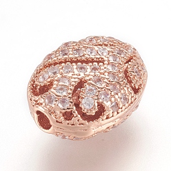 Real Rose Gold Plated Brass Micro Pave Cubic Zirconia Beads, Real Rose Gold Plated, Oval, Rose Gold, 11.5x8.5x5.5mm, Hole: 1mm