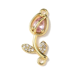 Pink Подвески-коннекторы в виде цветка тюльпана из латуни с паве из кубического циркония, реальный 18 k позолоченный, стойки покрытие, долговечный, без кадмия и без свинца, розовые, 21.5x9x4.5 мм, отверстие : 1.4 мм