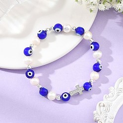 Dark Blue Evil Eye Lampwork and Natural Cultured Freshwater Pearl Beaded Stretch Bracelets, with Brass Micro Pave Clear Cubic Zirconia Cross, Platinum, Dark Blue, Inner Diameter: 2.36 inch(6cm)