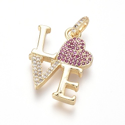 Золотой Латунные подвески из микропаве из циркония на день святого валентина, Слово любовь, очистить и камелия, золотые, 23.5x17.5x2.5 мм, отверстие : 3.5x3 мм