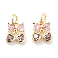 Pink Латунные микро проложить кубического циркония подвески, вишня, с целью перехода в кольце, реальный 18 k позолоченный, розовые, 9.5x9x2 мм, отверстие : 3.5 мм