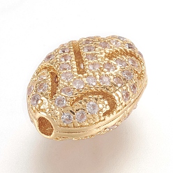 Real 18K Gold Plated Brass Micro Pave Cubic Zirconia Beads, Cadmium Free & Lead Free, Real 18K Gold Plated, Oval, Golden, 11.5x8.5x5.5mm, Hole: 1mm