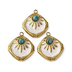 Золотой 304 подвески из нержавеющей стали с белой эмалью, с синтетическими бирюзовых бус, ромб прелести, ионное покрытие (ip), золотые, 21.5x18.5x4.5 мм, отверстие : 1.8 мм