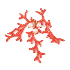 Red Glass Seed Beaded Big Pendants, Imitation Coral Charm, with 304 Stainless Steel Open Jump Rings, Red, 53x25x2mm, Hole: 3.5mm