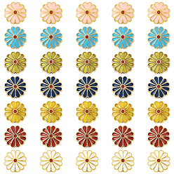 Couleur Mélangete 35pcs 7 perles d'émail en alliage de couleurs, or, fleur, couleur mixte, 12x12x4mm, Trou: 1.6mm, 5 pcs / couleur