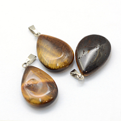 Tiger Eye Teardrop Natural Tiger Eye Pendants, with Platinum Tone Brass Findings, 25~29x16~17x5~6mm, Hole: 2x7mm