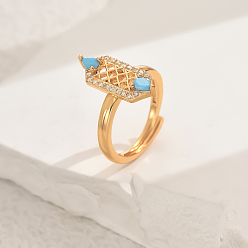 Бирюза Латунные микропаве кубические цирконии геометрические регулируемые кольца для женщин, шестиугольник, золотые, бирюзовые, 19x7.5 мм, внутренний диаметр: регулируемый