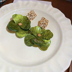 Светло-зеленый Коричневый Серьги-гвоздики из акрила с цветочным сплавом, золотые, оливковый, 60x40 мм