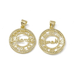 Прозрачный Стойка металлическая латунная микропрофилированная кубическая циркония подвески, плоский круглый со словом мама очарование на день матери, без кадмия и без свинца, долговечный, реальный 18 k позолоченный, прозрачные, 22.5x20x3 мм, отверстие : 3.5x4.5 мм