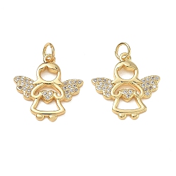 Plaqué 18K Or Véritable Pendentifs en laiton zircon cubique transparent, fille avec des breloques en forme d'ailes, crémaillère plaquage, sans cadmium et sans plomb, réel 18 k plaqué or, 19.5x18.5x2.5mm, Trou: 3.5mm