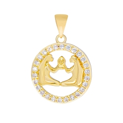 Géminis Micro latón allanan colgantes cúbicos del zirconia, colgante redondo plano con constelación, real 18 k chapado en oro, Géminis, 16 mm