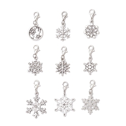 Античное Серебро 9 шт. рождественские подвесные украшения в виде снежинок из сплава, Сплав с застежками когтя омара, античное серебро, 32~42 мм
