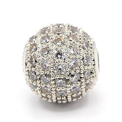 Platin Farbe Cz Schmuck Messing Micro Pave Zirkonia runde Perlen, Transparent, Platin Farbe, 9x10 mm, Bohrung: 1 mm