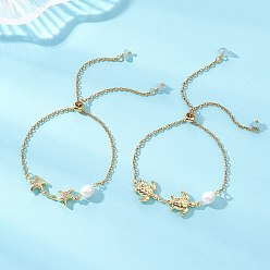 Золотой 2шт. 304 Браслеты-слайдеры из нержавеющей стали с кабельной цепочкой, Браслеты с изображением черепахи и морской звезды для женщин, с натуральными жемчужными бусинами и бусинами из аквамарина., золотые, 9.45~9.53 дюйм (24~24.2 см)