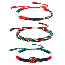 Mixed Color 3Pcs 3 Styles Palestinian Flag Colour Nylon Cord Braided Bracelets for Men Women, Mixed Color, Inner Diameter: 2~3-1/2 inch(5~9.05cm), 1pc/style