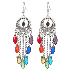 Mixed Color 304 Stainless Steel Dangle Earring, with Glass and Alloy Pendant, Teardrop, Mixed Color, 85x23mm
