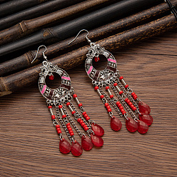 (123L) Белый крем непрозрачный блеск Серьги-подвески из сплава и смолы в тибетском стиле, слеза, античное серебро, огнеупорный кирпич, 100x35 мм