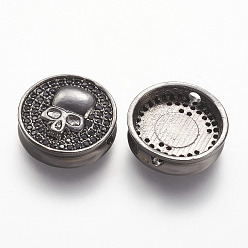 Gunmetal Brass Micro Pave Cubic Zirconia Beads, Flat Round with Skull Pattern, Black, Gunmetal, 14.5x4.3mm, Hole: 1.7mm