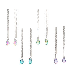 Mixed Color Long Chain with Transparent Glass Beads Dangle Stud Earrings, 304 Stainless Steel Ear Thread for Women, Teardrop, Mixed Color, 92x1mm, Pin: 0.8mm