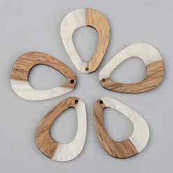 Floral White Opaque Resin & Walnut Wood Pendants, Teardrop, Floral White, 37.5x28x2.5mm, Hole: 2mm