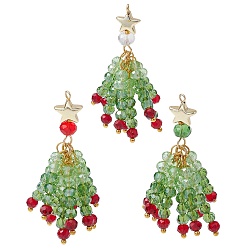 Зеленый газон 3шт. стеклянные бусины кисточки большие подвески, со звездочками из немагнитного синтетического гематита, зеленый газон, 51.5x23x22 мм, отверстие : 1.6 мм