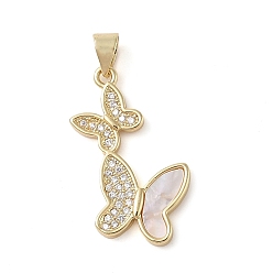 Настоящее золото 18K Латунные микропаве прозрачные подвески с фианитом, без кадмия и без свинца, с оболочкой, бабочка, реальный 18 k позолоченный, 27.5x14.5x2 мм, отверстие : 4 мм
