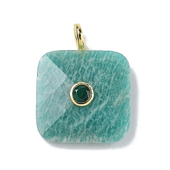 Амазонит Граненые подвески из натурального амазонита, Квадратные подвески с латунным покрытием, инкрустированные кубическим цирконием., золотые, 33~34x25~25.5x7~8 мм, отверстие : 4 мм