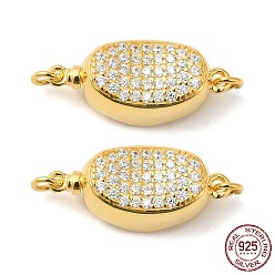 Real 18K Gold Plated 925 Sterling Sliver Micro Pave Clear Cubic Zirconia Box Clasps, 1-Strand, 2-Hole, with 925 Stamp, Oval, Real 18K Gold Plated, 17x8.5x8mm, Hole: 2.1mm